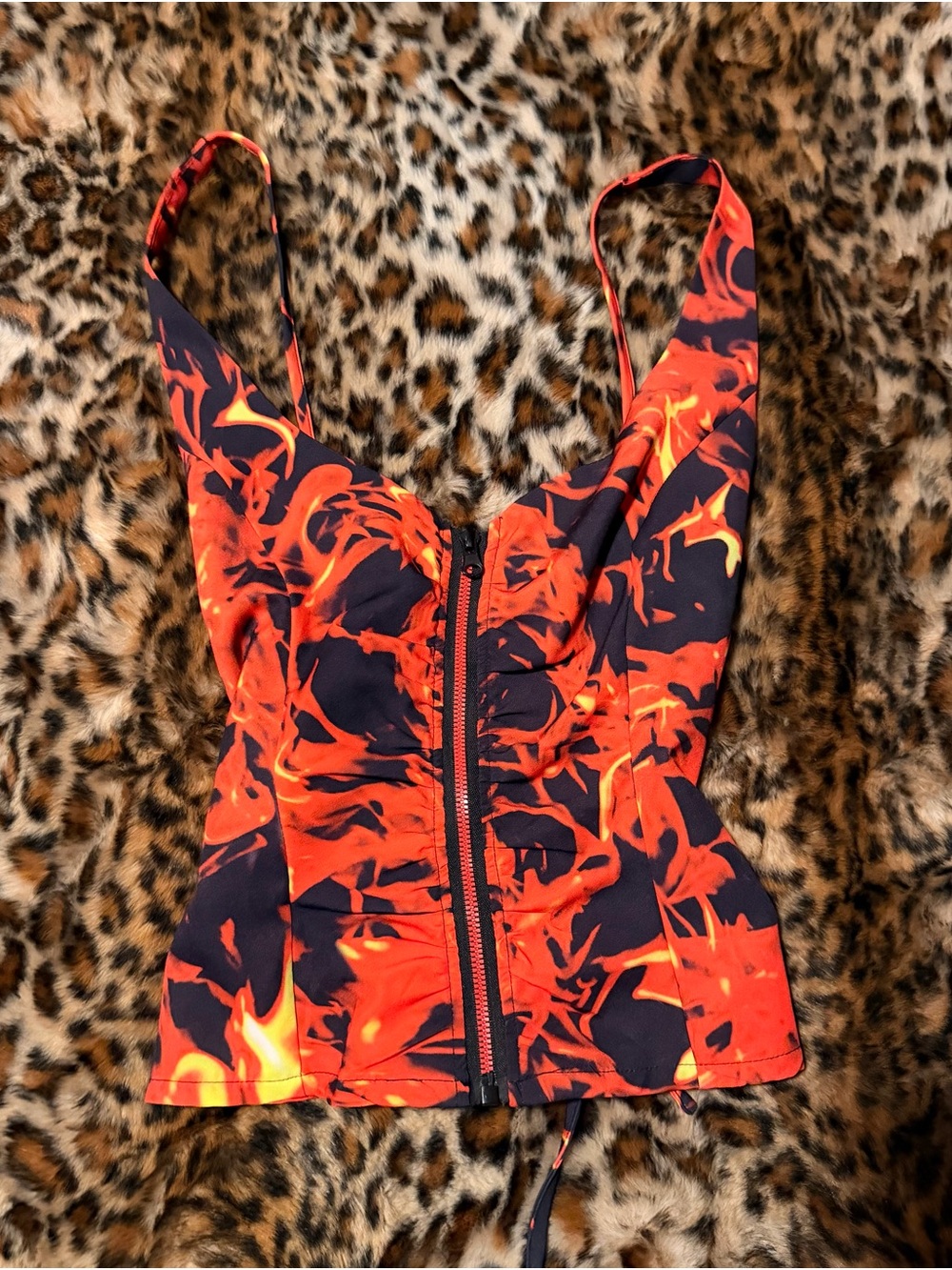 Y2K Red Flame Print Zip-Front Corset Tank Top